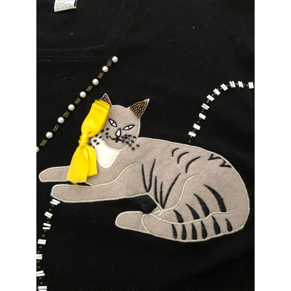 Vtg90s Victoria Harbour Cat Shirt Black Embroidered Beaded Applique Cottage Sz M - Picture 5 of 12